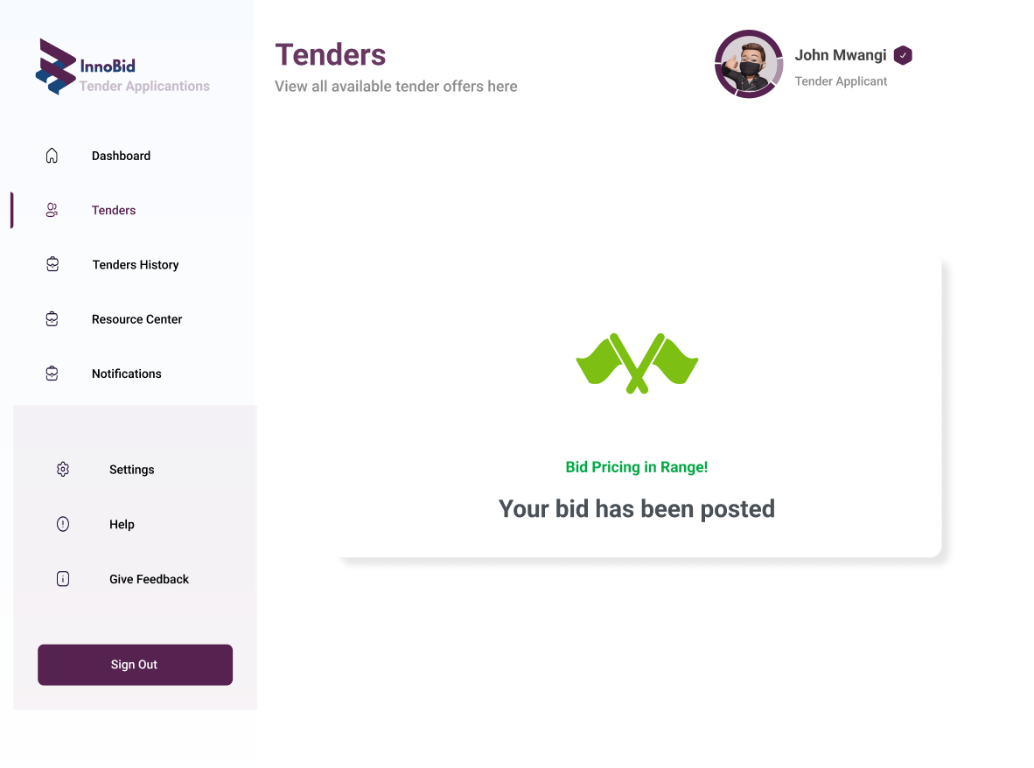 InnoBid applicant prototype showing feedback that a submitted bid's pricing is within range and has been posted.