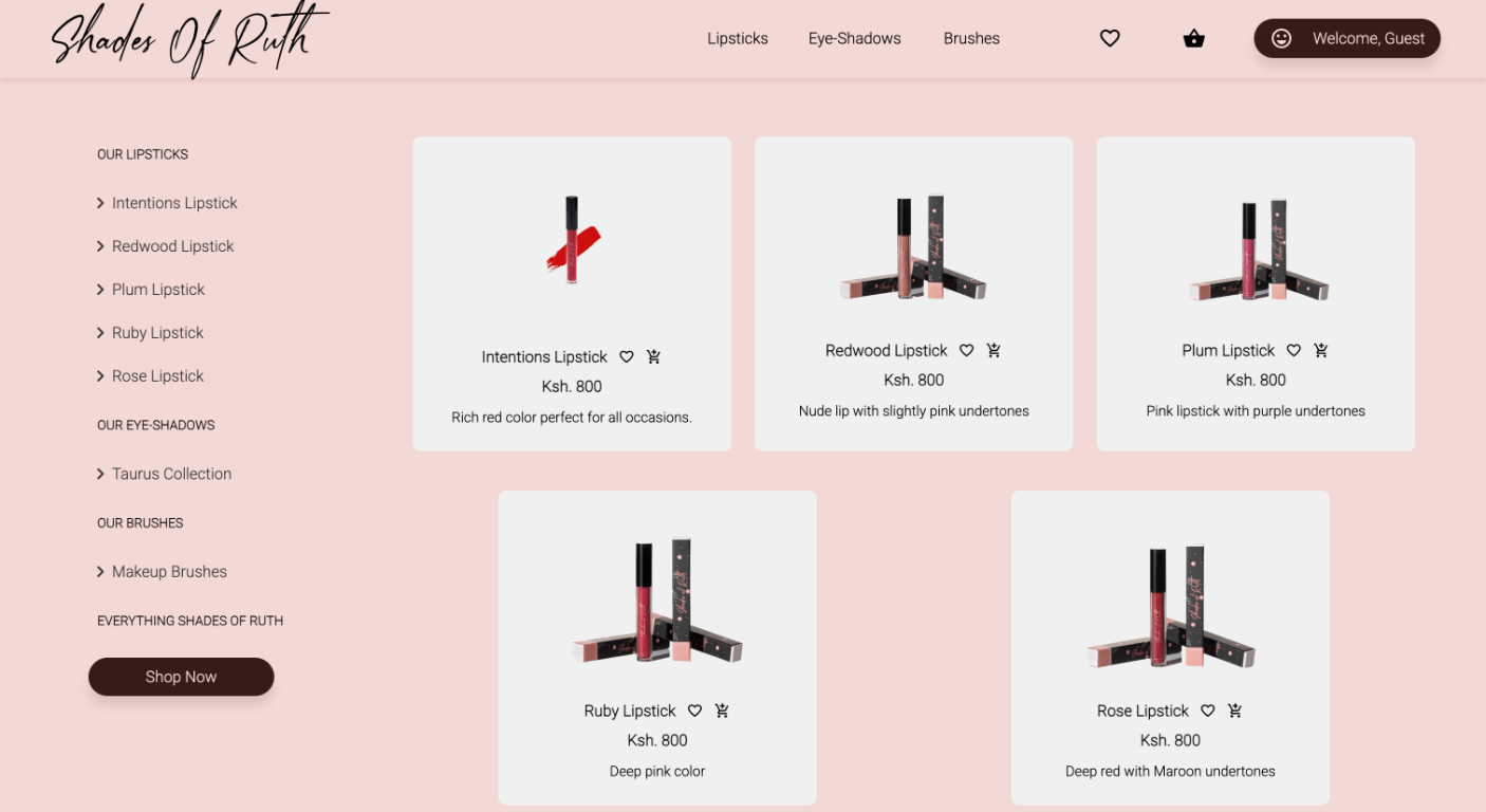 Shades of Ruth product catalogue showing category navigation, lipstick listings, product prices, descriptions, wishlist controls, and cart actions.