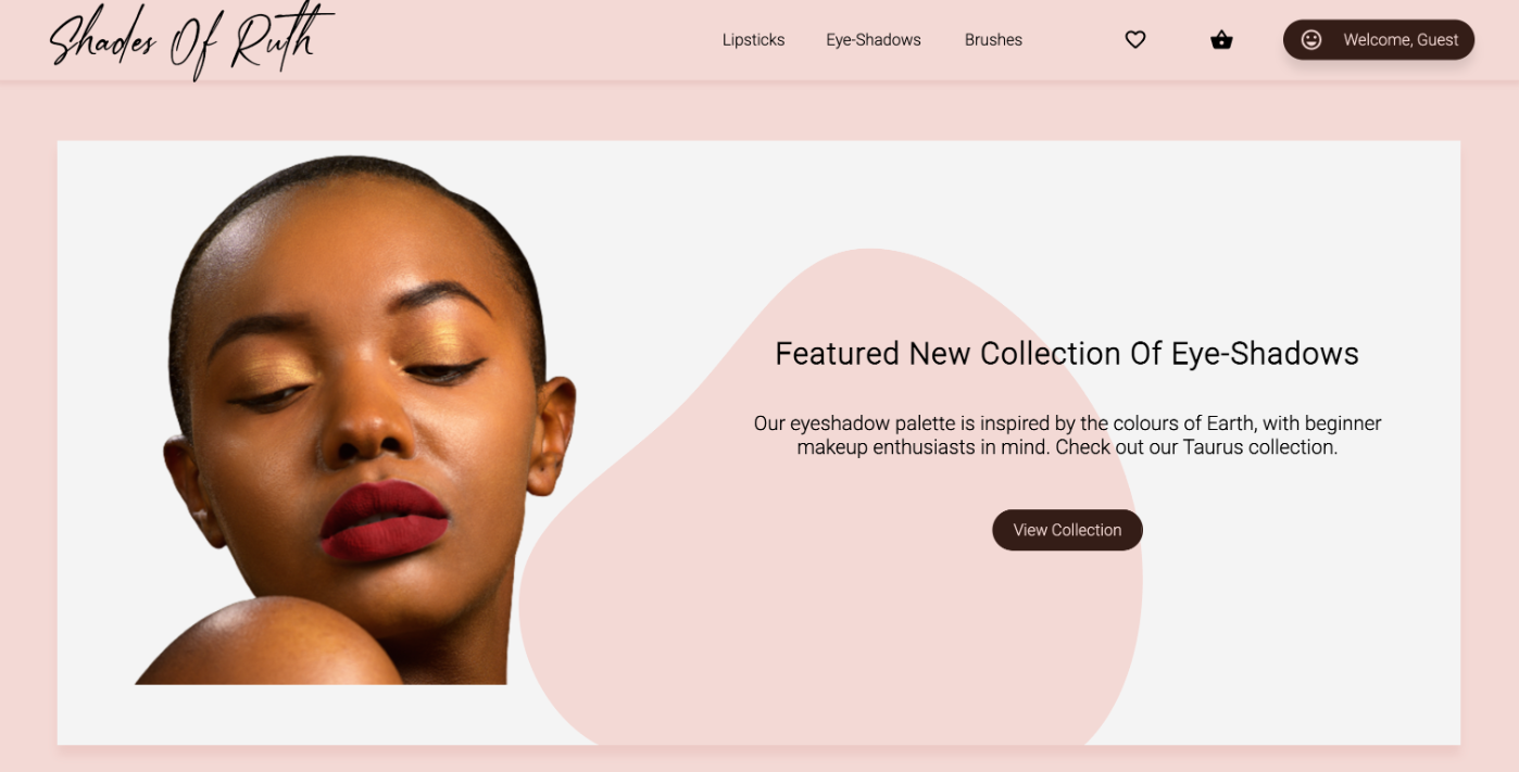 Shades of Ruth storefront homepage featuring an eye-shadow collection and responsive beauty e-commerce navigation.